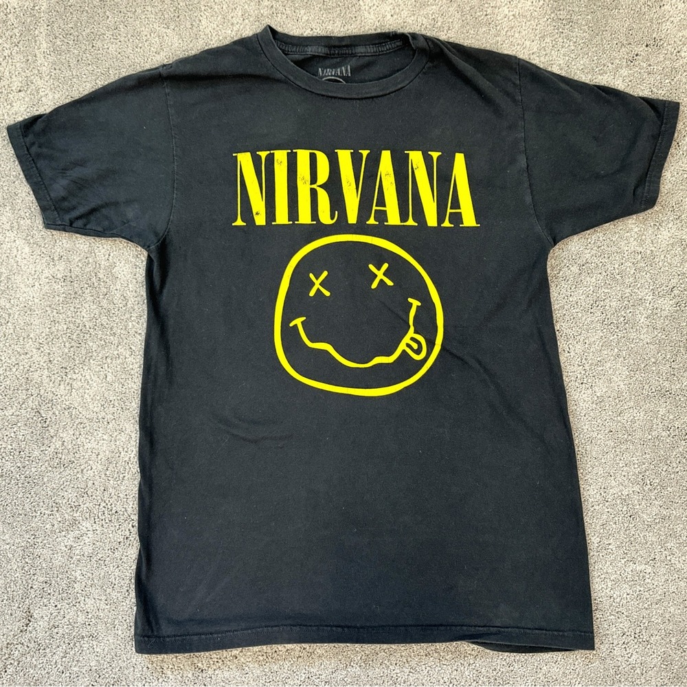 Nirvana Classic Smiley Face T-Shirt Med Black Faded Vintage Wash Official Band T
